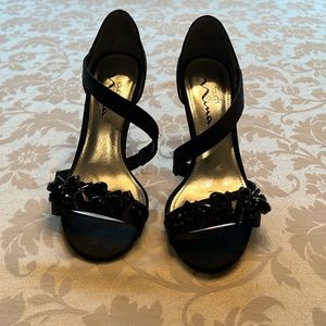 Black satin 3” heels dress shoes size 7m